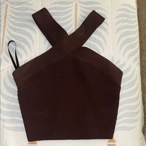 Babaton Dark Brown Crisscross Ribbed Crop Top